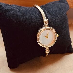 Gold Twist Bangle Bezel Watch, White & Gold Watch, Adjustable Bracelet